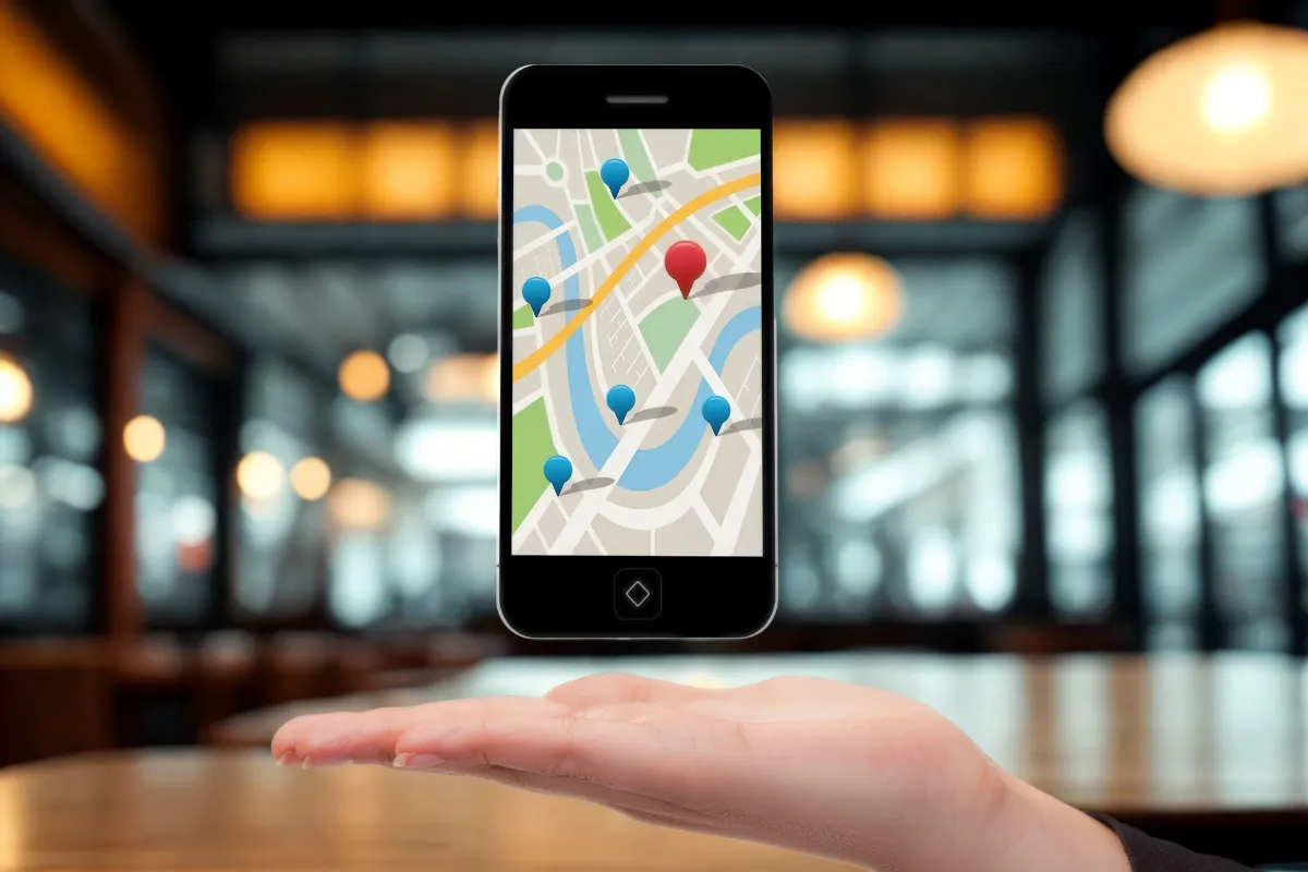 Celular exibindo mapa com marcadores de localizações, simbolizando estratégias de marketing local para restaurante, com foco em alcançar clientes na região