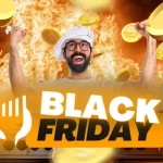 Imagem vibrante de um chef sorridente comemorando, levantando os braços em frente a um cenário de cozinha com chamas e moedas douradas caindo. A palavra "BLACK FRIDAY" em letras grandes e brancas com um fundo laranja escuro, e o logo do CNM em branco (símbolo de garfo e faca estilizados) estão em primeiro plano.