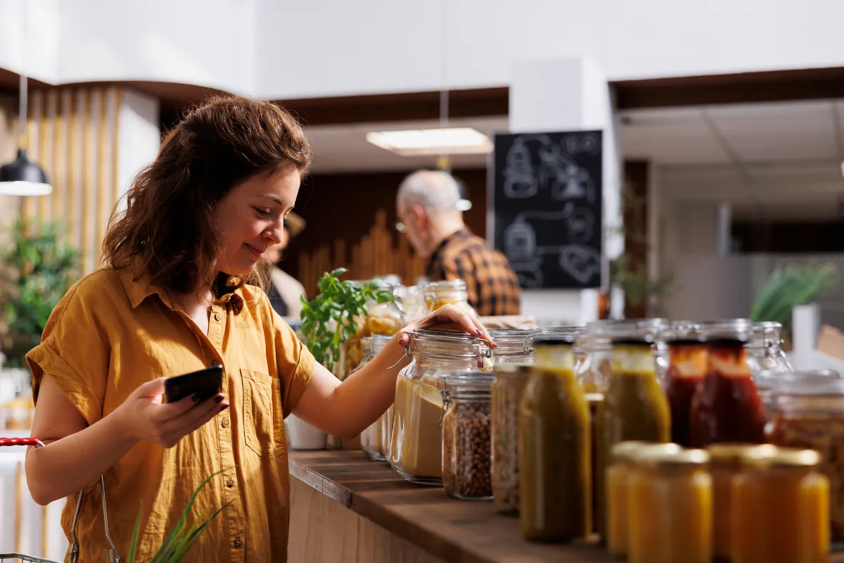 Gestora de restaurante realizando controle de estoque com auxílio do celular, representando a importância da automação para evitar desperdícios e aumentar a eficiência no food service