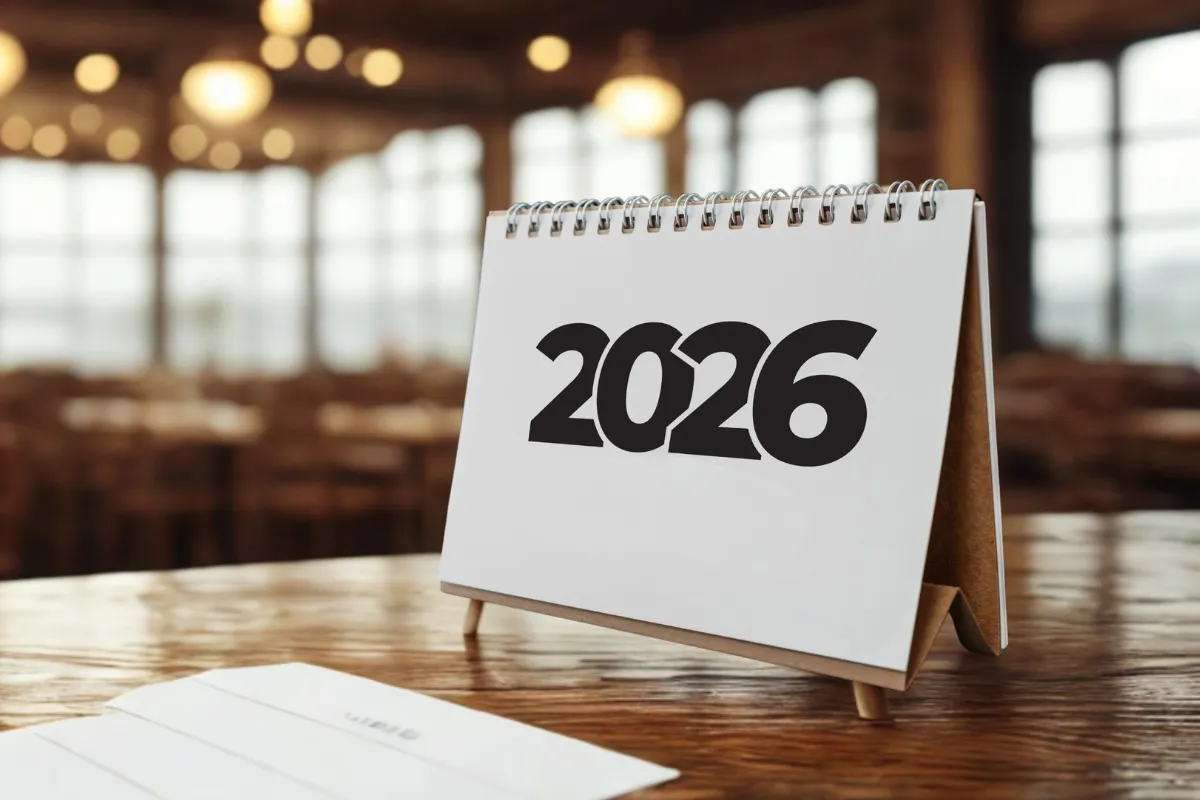 Calendário de mesa com o ano 2026 em destaque sobre uma superfície de madeira e fundo desfocado de restaurante, simbolizando o planejamento de marketing e datas comemorativas.