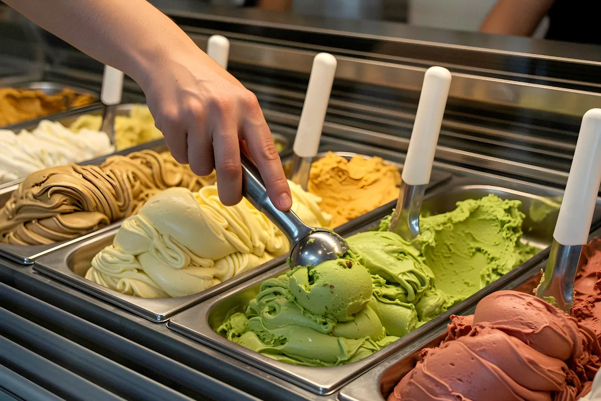 Mão utilizando um boleador profissional para servir uma bola de sorvete artesanal de pistache diretamente da cuba de inox na vitrine expositora de uma sorveteria pequena.