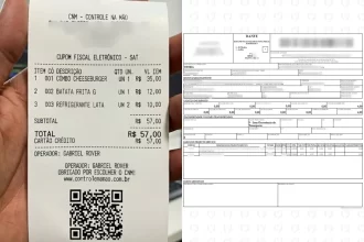 Comparação entre um cupom fiscal eletrônico SAT gerado pelo sistema CNM e uma DANFE (nota fiscal eletrônica). A imagem destaca lado a lado as diferenças visuais e de informações entre o comprovante simplificado de venda ao consumidor final (cupom fiscal) e o documento fiscal detalhado exigido por lei para operações mais complexas (nota fiscal). Ilustra, na prática, como cada documento atende a uma necessidade fiscal diferente no gerenciamento de um restaurante ou bar.
