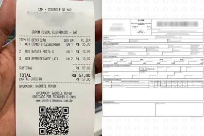 Comparação entre um cupom fiscal eletrônico SAT gerado pelo sistema CNM e uma DANFE (nota fiscal eletrônica). A imagem destaca lado a lado as diferenças visuais e de informações entre o comprovante simplificado de venda ao consumidor final (cupom fiscal) e o documento fiscal detalhado exigido por lei para operações mais complexas (nota fiscal). Ilustra, na prática, como cada documento atende a uma necessidade fiscal diferente no gerenciamento de um restaurante ou bar.