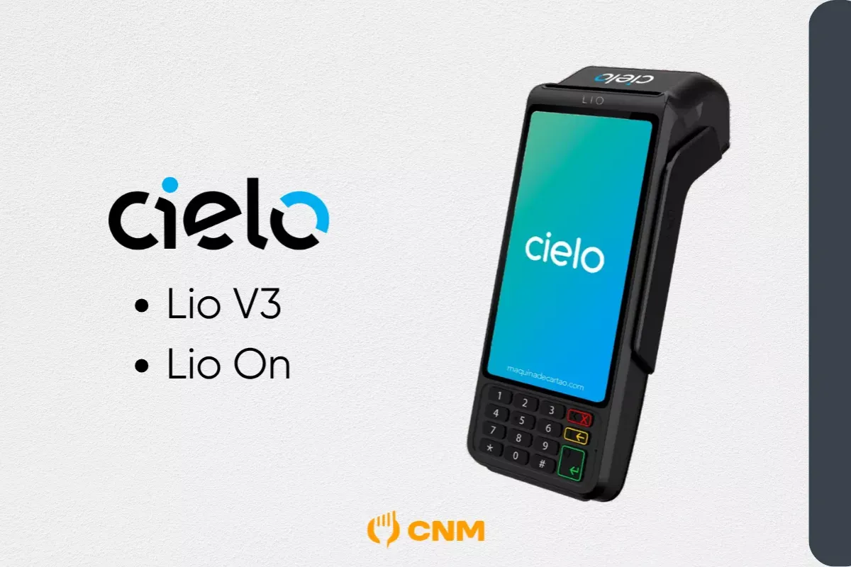 Infográfico da parceria oficial exibindo os logotipos da Cielo e do CNM, com destaque para a lista de modelos homologados: Lio V3 e Lio On, ao lado de uma maquininha smart