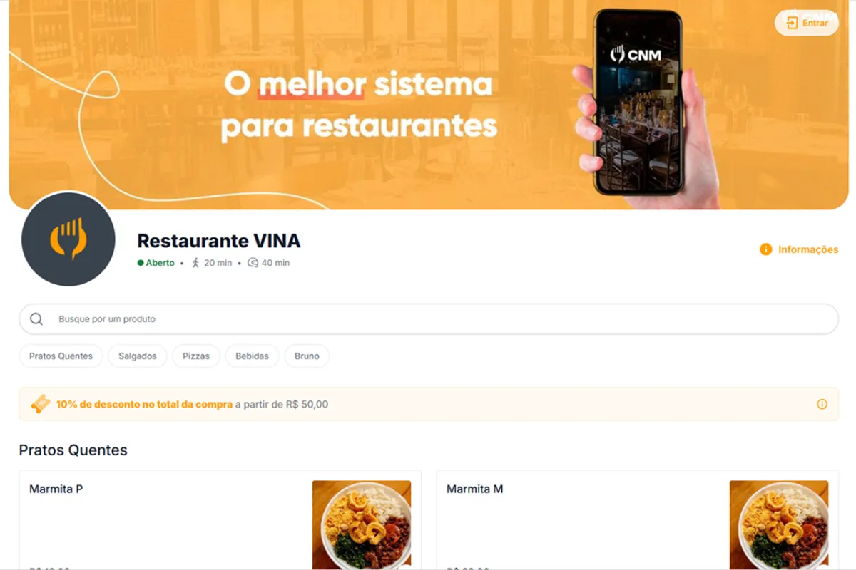 Tela de cardápio digital de restaurante exibida em um navegador, mostrando o sistema Vina integrado ao CNM, com opções de busca, categorias, descontos e pratos quentes disponíveis para seleção pela mesa do cliente.