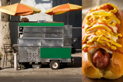 Carrinho de cachorro-quente de rua com guarda-sóis e detalhe de hot dog com molho e mostarda, ilustrando o ponto de venda e os fatores que influenciam o lucro desse tipo de negócio