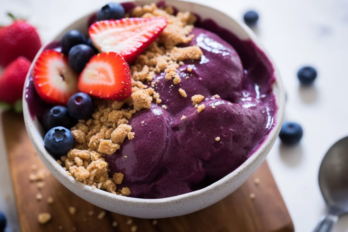 Tigela de açaí com frutas e granola, uma sobremesa vegana refrescante e muito pedida no delivery.