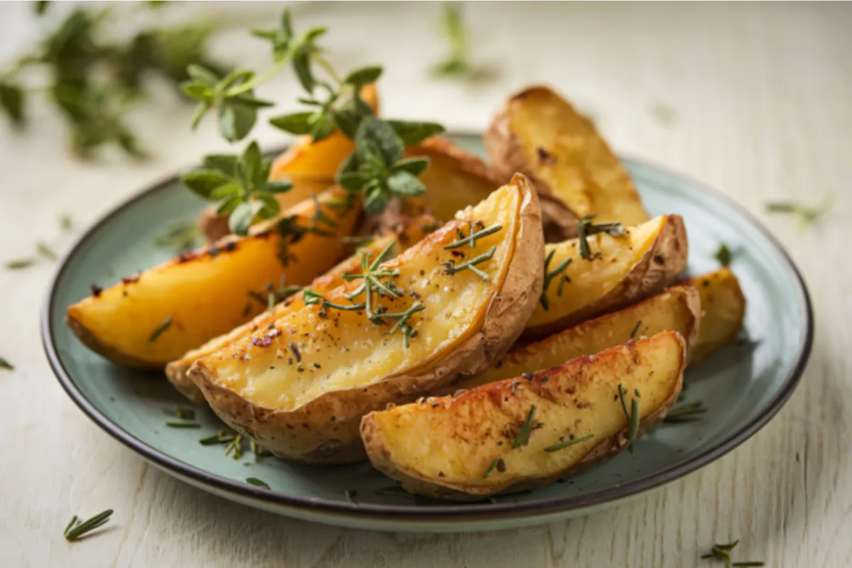 Porção de batatas rústicas assadas com ervas, um acompanhamento vegano popular no delivery.