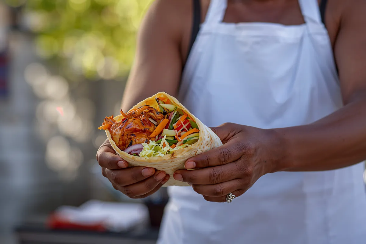 Pessoa segurando um wrap vegano recheado com vegetais coloridos, uma opção de lanche prático e saudável no delivery.