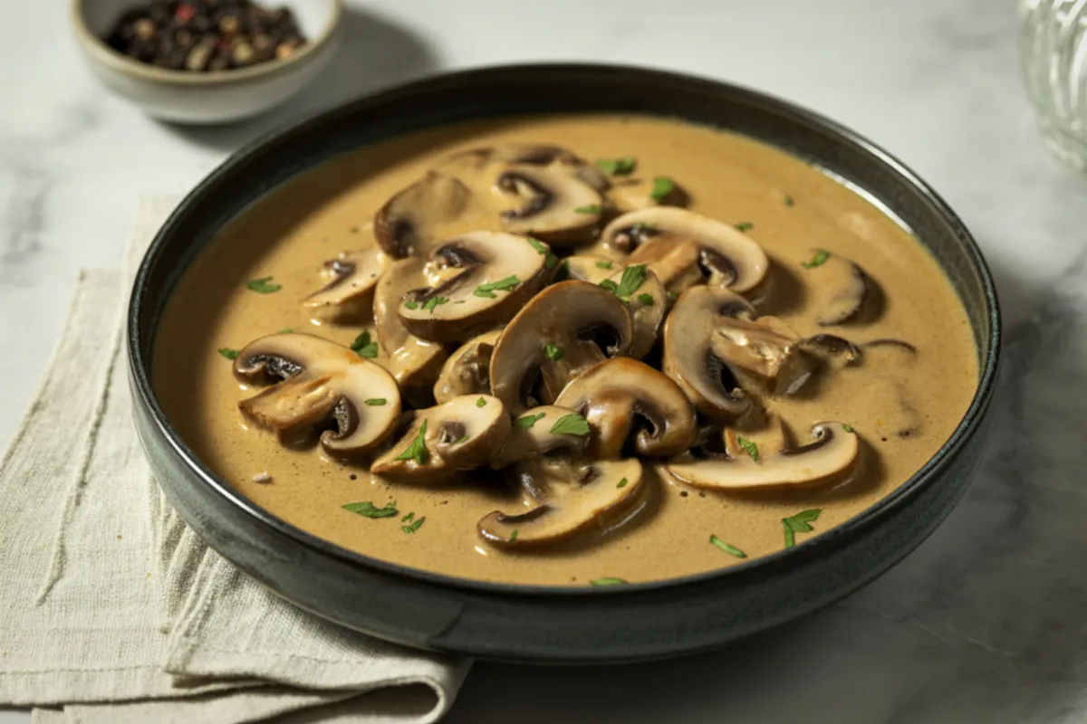 Prato de strogonoff de cogumelos cremoso sem ingredientes de origem animal, uma adaptação vegana popular no delivery.