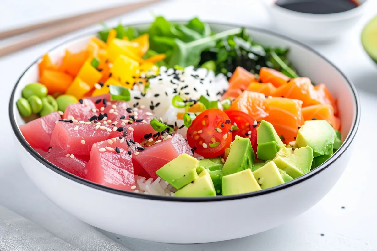 Poke bowl vegano colorido com 'atum' à base de plantas, legumes frescos e arroz, uma opção de comida japonesa vegana no delivery.