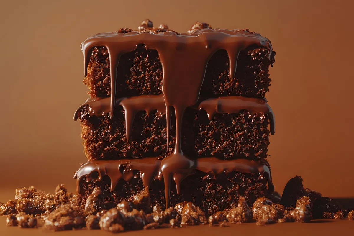 Pilha de brownies de chocolate com calda derretida, uma sobremesa vegana indulgente disponível no delivery.