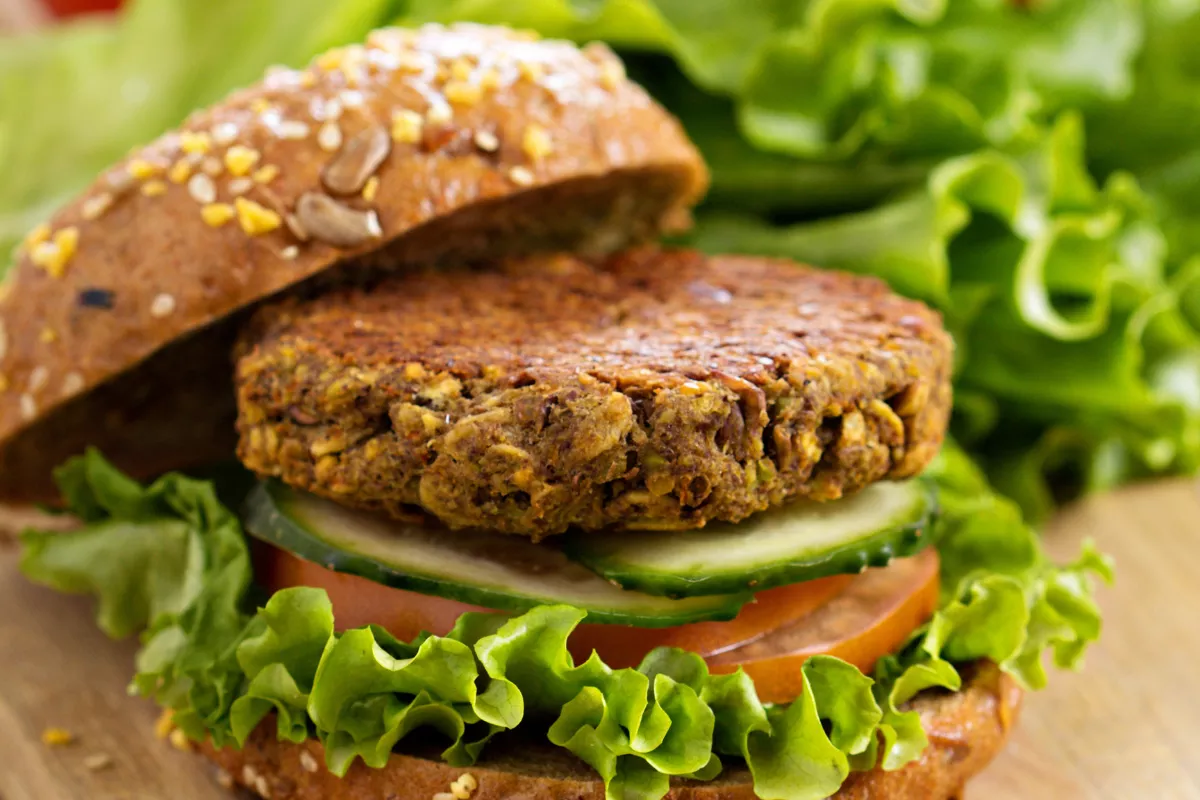 Hambúrguer saudável com pão integral, hambúrguer vegetariano ou de carne magra e muita salada fresca, ideal para compor um Combo Fit ou Low Carb no cardápio.