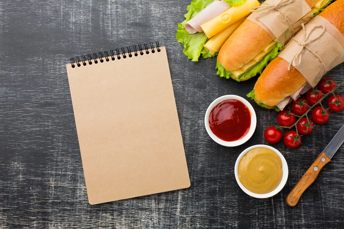 Caderno de anotações aberto ao lado de sanduíches de baguete com presunto e queijo e potes de molho, ilustrando o planejamento de como montar um cardápio de lanchonete ideal e organizado.