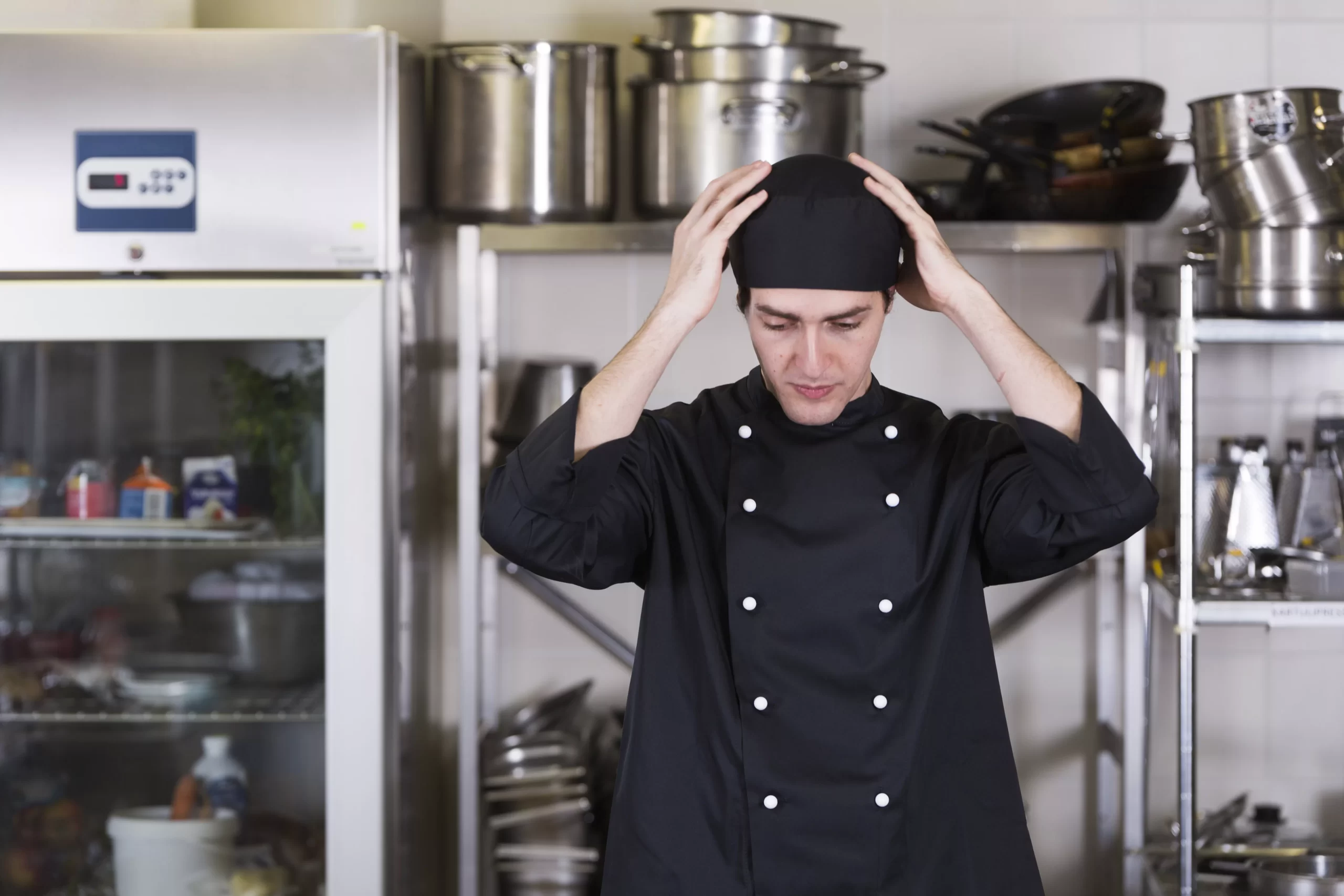 Esta imagem mostra um jovem chef de cozinha, vestido com uma dólmã preta, com as mãos na cabeça e um olhar de preocupação ou estresse. Ele está em uma cozinha profissional, cercado por equipamentos e prateleiras com panelas, o que passa uma forte sensação de cansaço ou sobrecarga operacional.