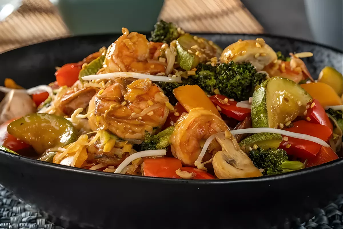 Teppanyaki de camarão servido em uma tigela preta, apresentando camarões grelhados misturados a legumes coloridos como brócolis, pimentão vermelho, cogumelos e broto de feijão, finalizados com sementes de gergelim.
