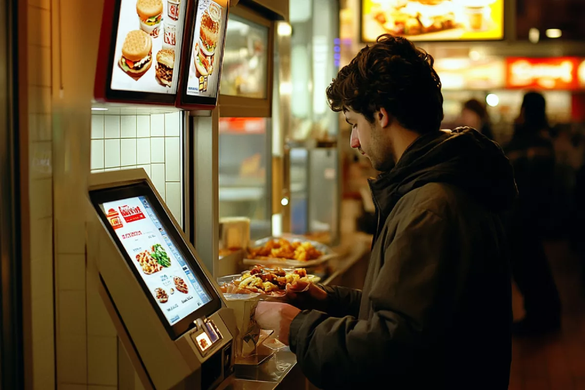 Cliente jovem fazendo um pedido em um totem de autoatendimento touch screen em um restaurante de fast food, ilustrando a agilidade do cardápio digital sem filas.