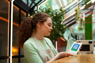 Atendente de cabelo cacheado e avental bege confere uma placa com QR Code no balcão de madeira de um restaurante com teto de vidro e plantas, preparando o cardápio digital