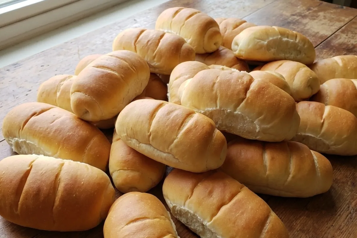 Grande pilha de bisnaguinhas caseiras douradas e fofas sobre uma mesa de madeira. Os pães pequenos e arredondados apresentam os cortes tradicionais no topo, remetendo ao lanche escolar infantil.