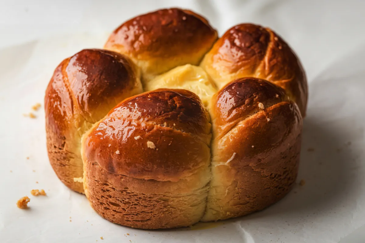 Pão brioche artesanal em formato de flor, com superfície extremamente brilhante e dourada devido à massa rica em manteiga e ovos. O centro apresenta uma textura suave e amanteigada