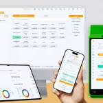 Conjunto de dispositivos (monitor, tablet, smartphone e maquininha Stone) exibindo os dashboards do CNM Analytics. As telas mostram gráficos de vendas, faturamento e relatórios financeiros em nuvem, auxiliando na tomada de decisão baseada em dados.