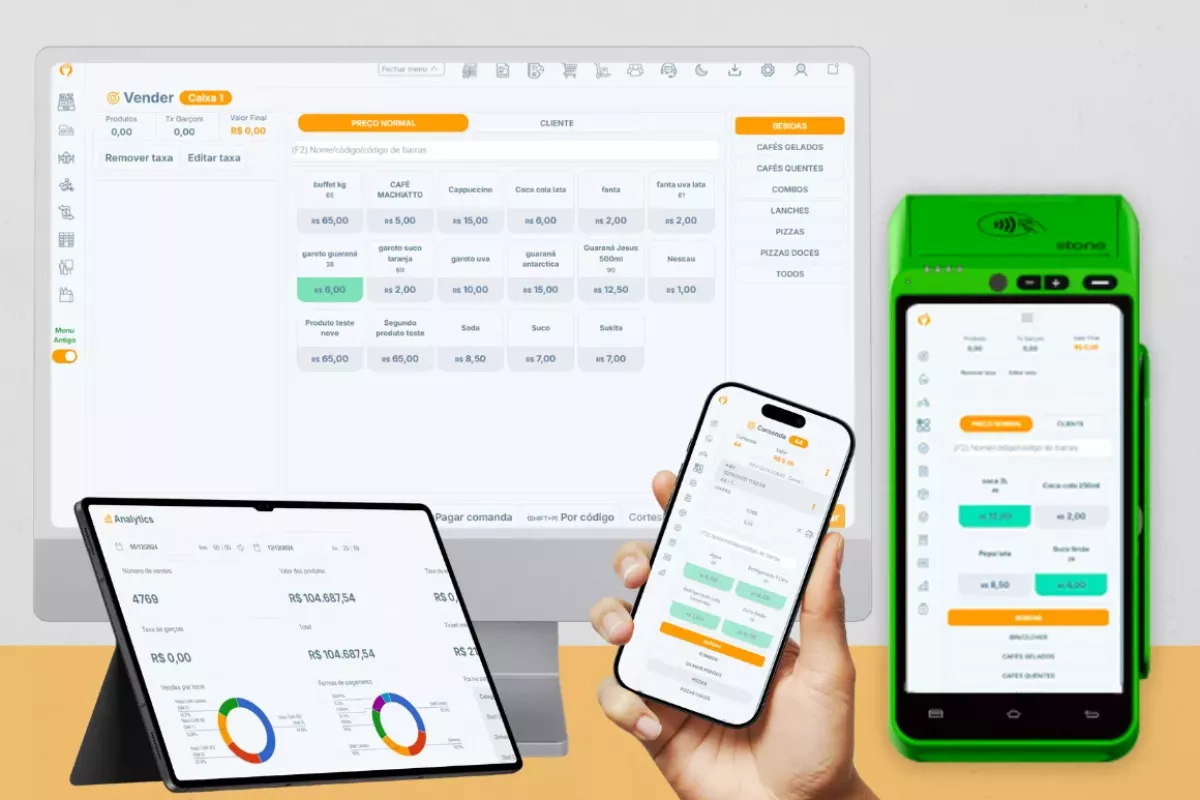 Conjunto de dispositivos (monitor, tablet, smartphone e maquininha Stone) exibindo os dashboards do CNM Analytics. As telas mostram gráficos de vendas, faturamento e relatórios financeiros em nuvem, auxiliando na tomada de decisão baseada em dados.