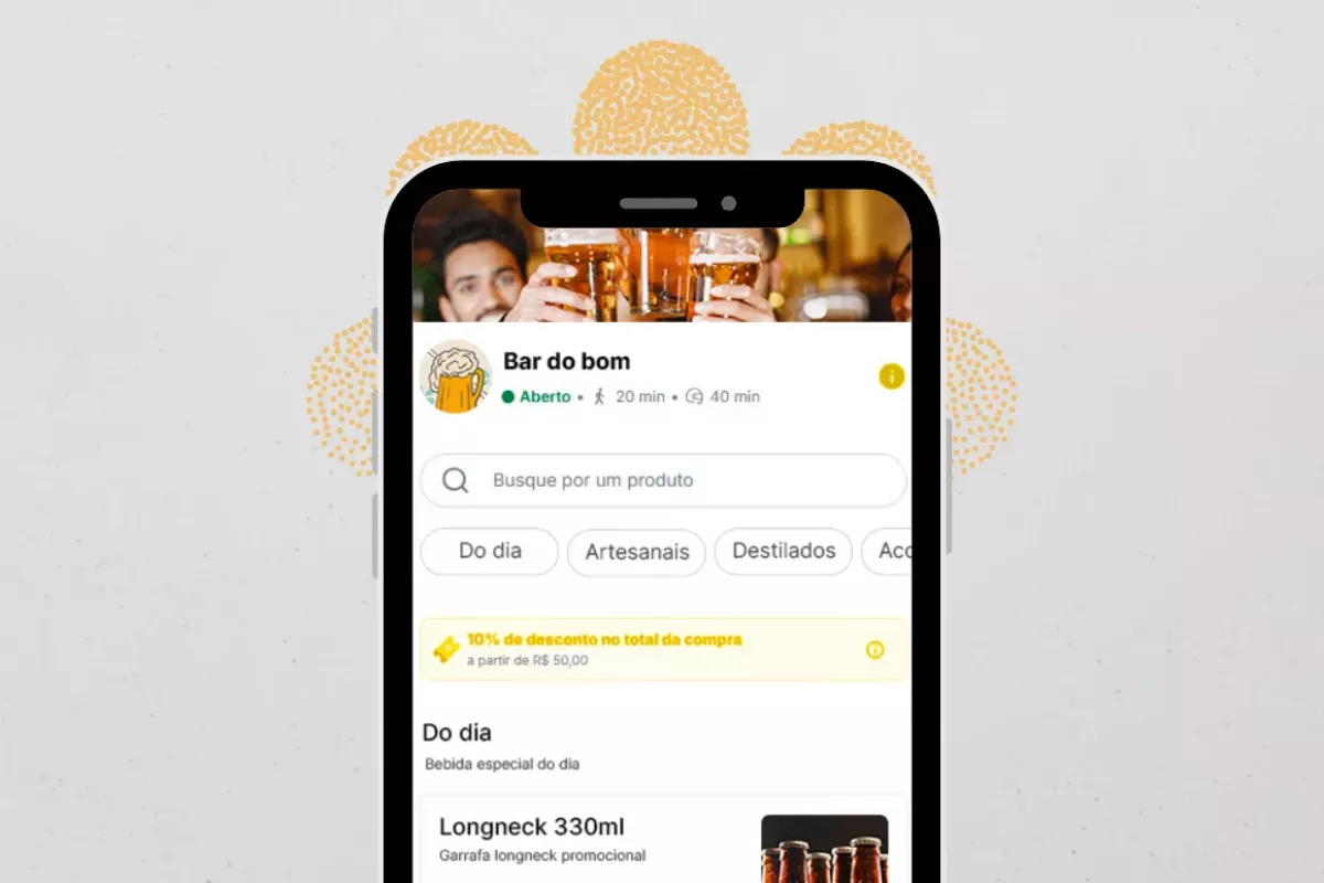 Tela de um smartphone exibindo a interface do Cardápio Digital Vina para o "Bar do Bom". O menu mostra categorias como "Artesanais" e "Destilados", além de promoções, ilustrando a autonomia do cliente e o potencial para aumentar o ticket médio.