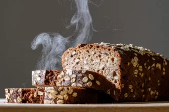 Pão 100% integral fatiado saindo fumaça, indicando frescor. O miolo é escuro, rico em fibras e sementes, com a crosta coberta por flocos de aveia, posicionado em um ambiente de luz suave.