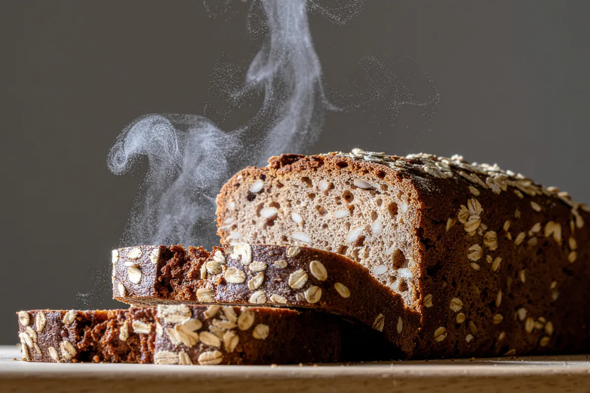 Pão 100% integral fatiado saindo fumaça, indicando frescor. O miolo é escuro, rico em fibras e sementes, com a crosta coberta por flocos de aveia, posicionado em um ambiente de luz suave.