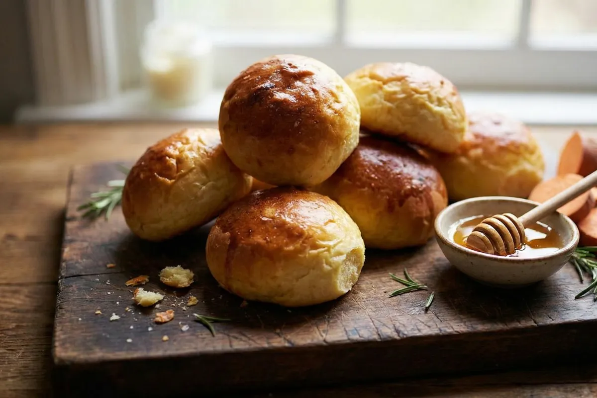 Pães de batata doce arredondados e brilhantes, empilhados em uma tábua de madeira rústica. Ao lado, um pequeno pote de cerâmica com mel e um pegador de madeira, decorado com ramos de alecrim e fatias de batata doce ao fundo
