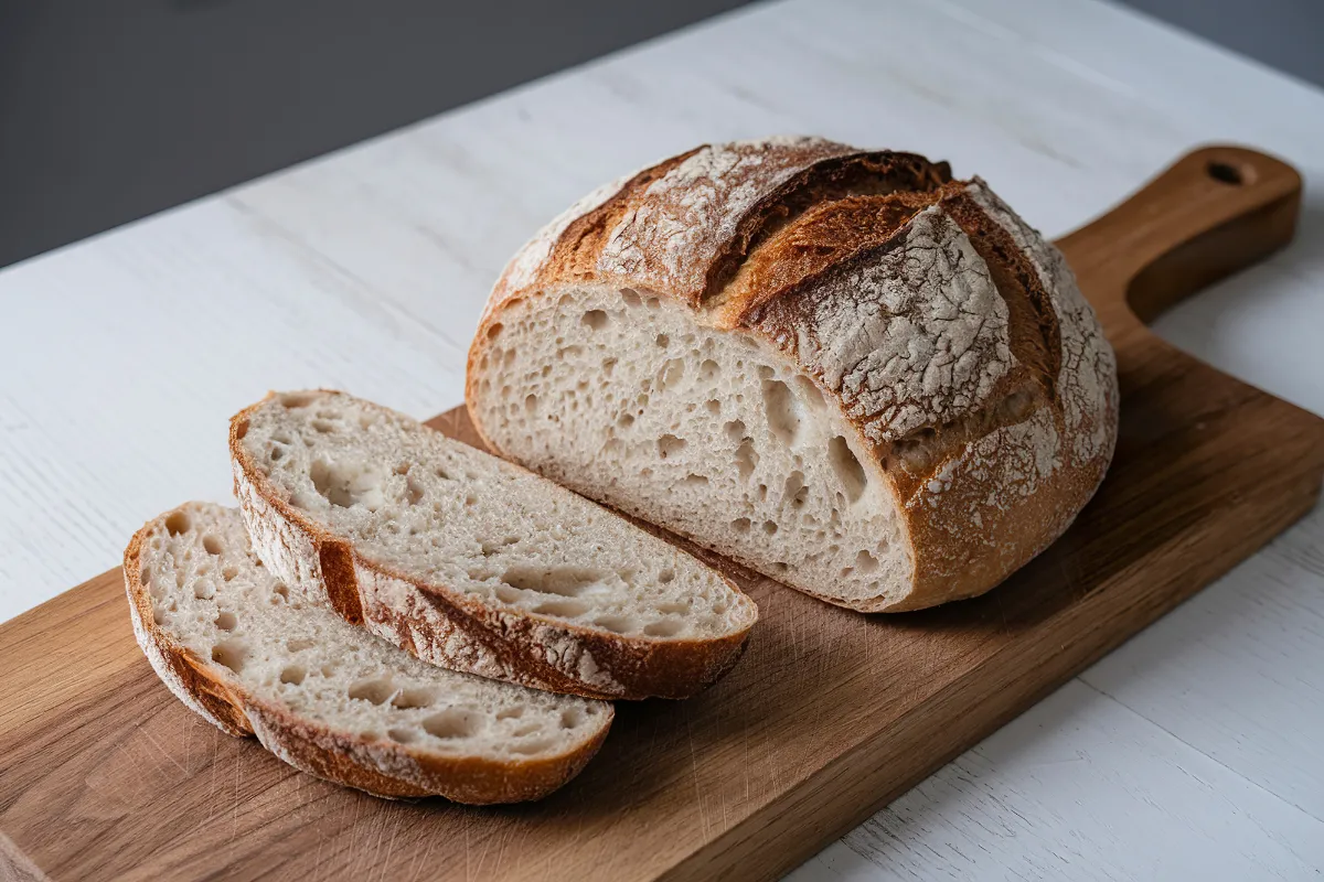 Pão de fermentação natural (sourdough) arredondado sobre uma tábua de madeira, com fatias cortadas ao lado. A casca é grossa e rústica, com o miolo apresentando alvéolos irregulares e aspecto artesanal.