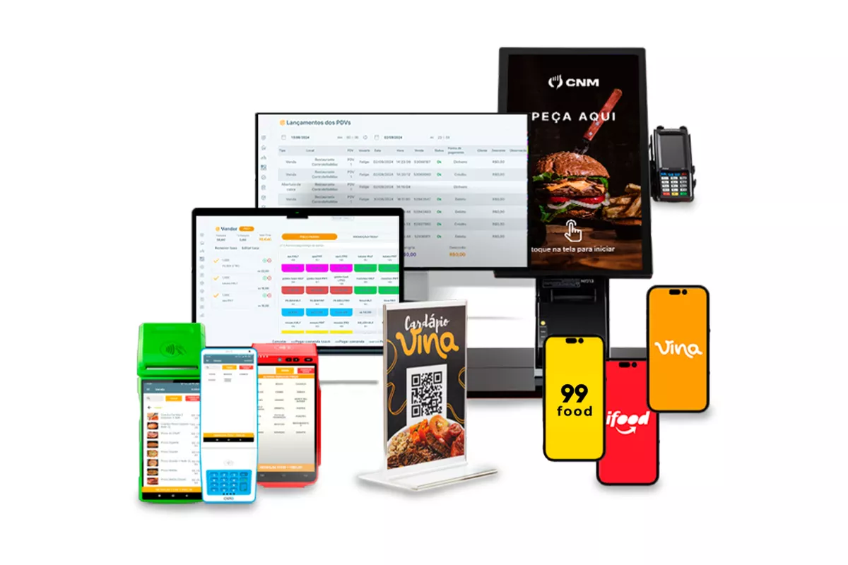 Montagem com diversas soluções do ControleNaMão: telas de sistema PDV, tablet com cardápio digital Vina, totem de autoatendimento, maquininhas de cartão e integração com iFood e 99Food.