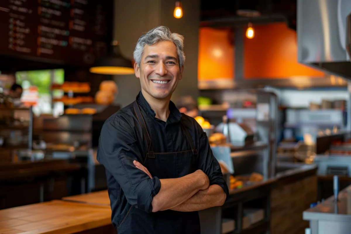 Dono de restaurante sorrindo com braços cruzados na frente do balcão e cozinha aberta — gestão de restaurante de nicho no dia a dia