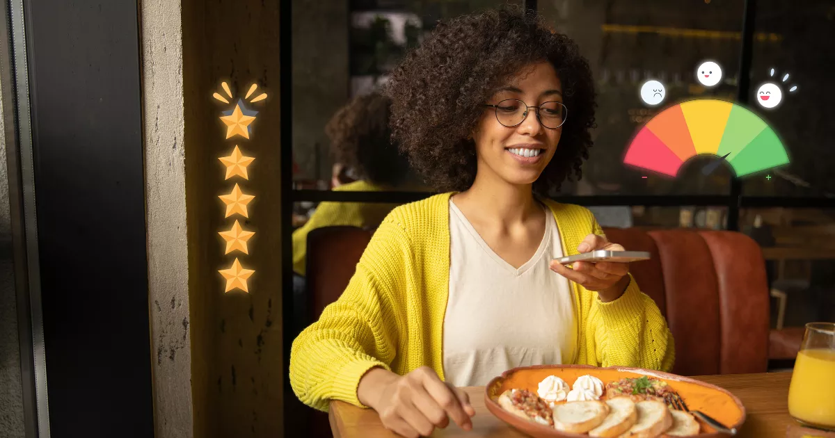 Mulher de óculos e cardigã amarelo sorri enquanto mexe no celular à mesa de restaurante, com prato de comida à frente e ícones de estrelas e medidor de satisfação sobrepostos à imagem
