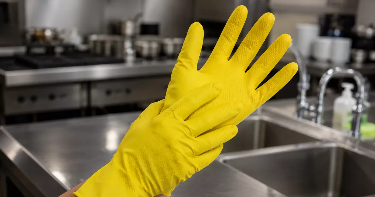 Mão com luva de borracha amarela erguida à altura do ombro em frente a pia e bancada de aço inoxidável de cozinha profissional, com fogão industrial desfocado ao fundo
