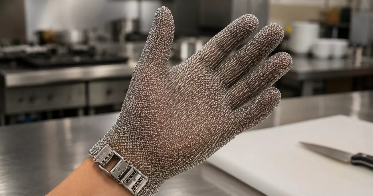 Mão com luva de malha de aço inoxidável posicionada sobre bancada de cozinha profissional, com faca e tábua de corte branca ao lado e equipamentos de cozinha desfocados ao fundo