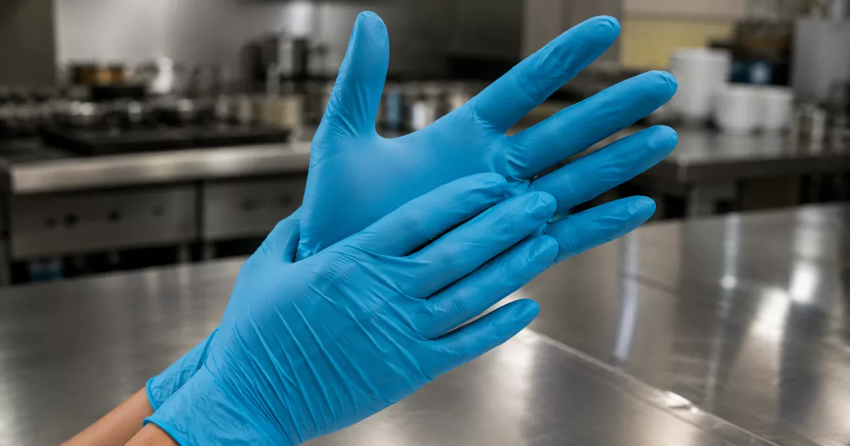 Duas mãos com luvas nitrílicas azuis posicionadas sobre bancada de aço inoxidável em cozinha profissional, com fogão industrial e prateleiras com utensílios desfocados ao fundo
