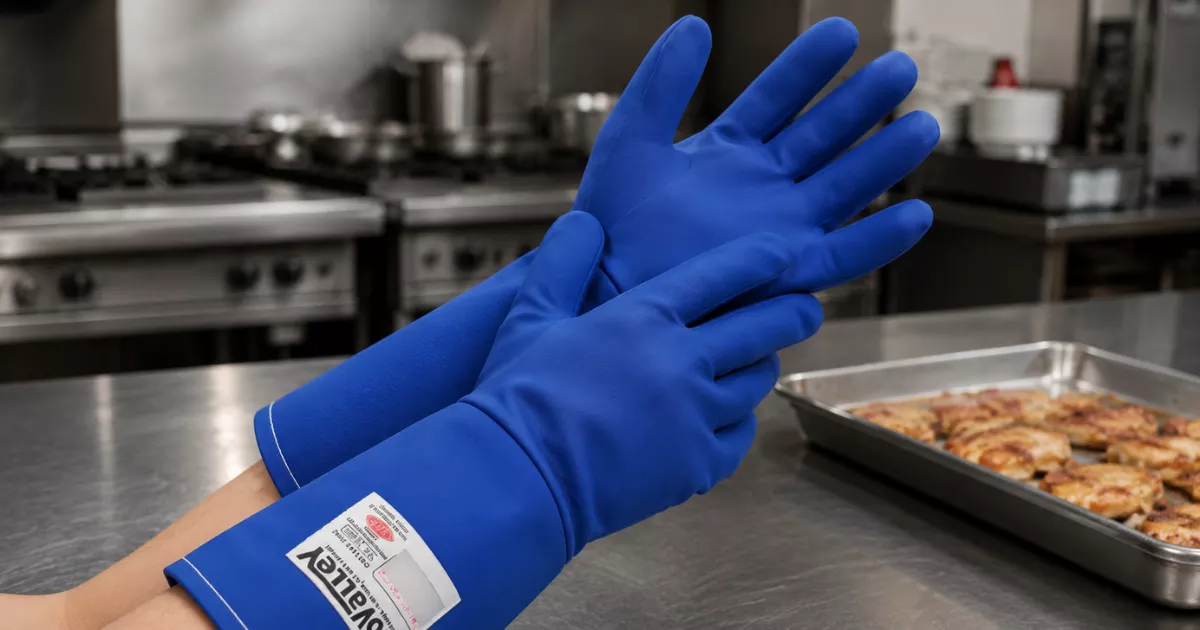 Duas mãos com luvas térmicas azuis de manga longa posicionadas sobre bancada de aço inoxidável em cozinha profissional, com assadeira contendo frango assado e fogão industrial ao fundo