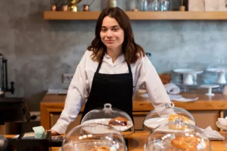Empreendedora de avental preto apoiada no balcão de madeira de uma cafeteria, com produtos de panificação em redomas de vidro à frente e terminal de caixa ao lado, no contexto de investimento no ramo alimentício