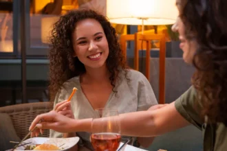 Duas mulheres jovens jantando juntas em restaurante ao ar livre à noite, compartilhando petiscos e taças de vinho rosé, com iluminação quente ao fundo