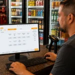 Dono de distribuidora opera o ControleNaMão em monitor de balcão, cercado por geladeiras, bebidas e engradados organizados.