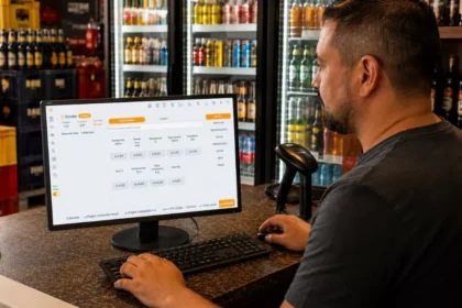 Dono de distribuidora opera o ControleNaMão em monitor de balcão, cercado por geladeiras, bebidas e engradados organizados.