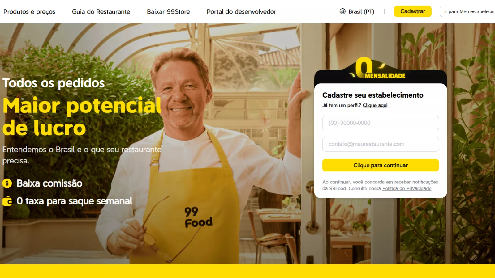 Página de parceiros da 99Food com cozinheiro grisalho de dólmã branco e avental amarelo na porta do salão, ao lado do formulário onde o restaurante inicia o cadastro da loja